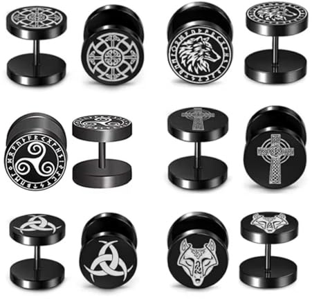 DOKRIN Boucles d'oreilles pour homme, 6 paires de boucles d'oreilles à tige noires, style punk, hypoallergéniques, 10 mm