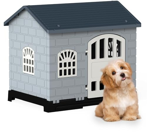 GYMAX Outdoor Hundehütte, große Hundehaus mit Schrägdach, abnehmbarem Boden & Tür, faltbares Haustierhaus mit 3 Fenster & geneigtes Dach, 75 x 58 x 65 cm (Dunkelgrau)