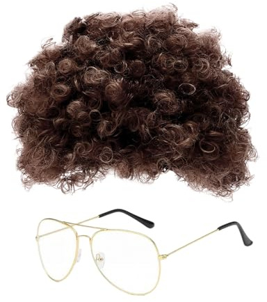 GYIOFAI 2 Stücke 80er Jahre Outfit Herren Perücken, Afro Perücke Herren Mit Sonnenbrille, Herrenperücke, Halloween Perücke Herren, Faschingskostüme Männer Party Beweig 80er Jahre Accessoires (Braun)
