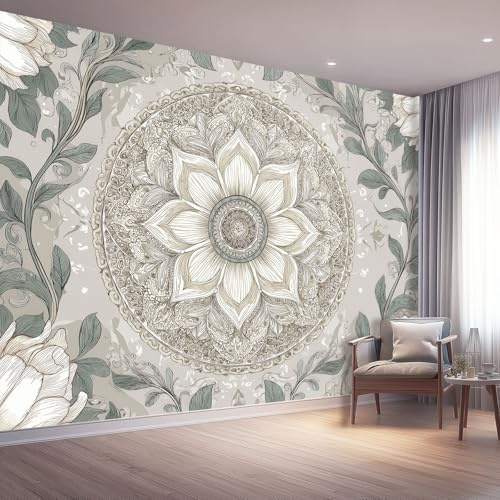 Photo Wallpaper 200 x 140 cm (W x H), Light Gray Apricot Non-Woven Art Print Wallpaper, Retro Mandala Pattern Leaves Pattern Mural, Living Room Dining Room TV Sofa Background Wall Shop Decoration