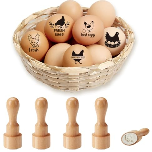 PRESSINART 5 Stück 5 Designs Bauernhof Frische Ei Stempel Hühnerei Stempel 0.63 Zoll Mini Runder Holzgummi Niedlicher Bauernhof Frische Markierungsstempel Ideal Für Hühnerhalter Landwirte Siedler