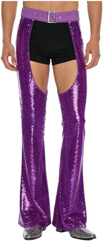 Moily Mens Halloween Party Cosplay Sequin Bell Bottom Pants Bottomless Jodhpurs Performance Trousers Purple X-Large