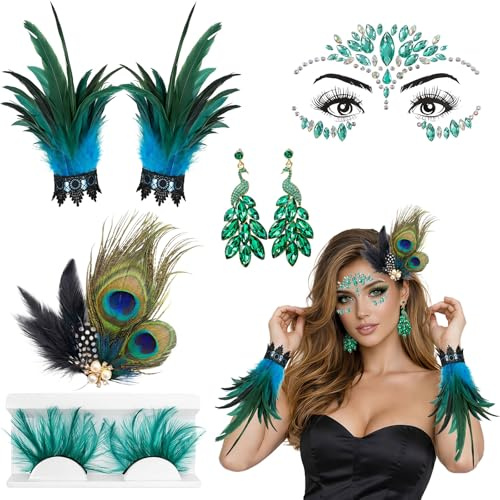 Peacock Damen-Kostüm-Set, 6 Stück Peacock Feathers Zubehör, Peacock Stirnband für Damen, Federarmbänder, Peacock Feathers Ohrringe, grüne Federn und Glitzersteine, Gesicht für Karneval, Cosplay