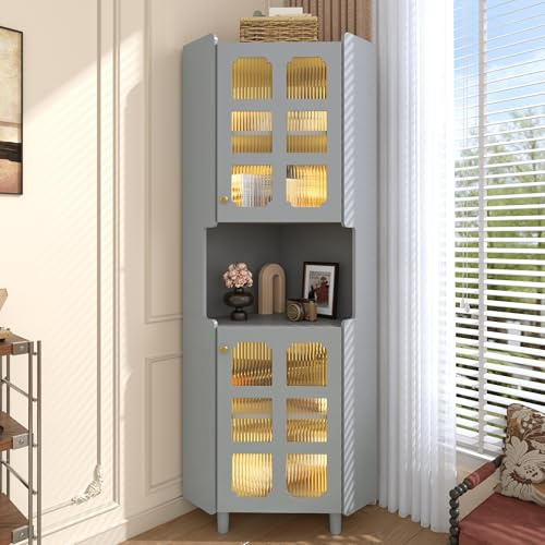 Wiuzo Armadio angolare con strato di vernice e illuminazione a LED, multifunzione ad angolo, per soggiorno, libreria, bagno, camera da letto, pannello MDF con superficie laccata bianca (grigio)