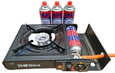 XHC BRICO - Cocina Portatil | Hornillo de camping gas | Estufa de gas portatil para camping | Doble uso, Dual | Apto para botellas de 227g y bombonas de butano (Hornillo + 4 Gases)