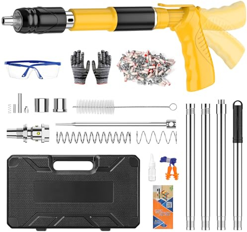 Pistola de Clavos para Hormigón, Clavadora Manual Portátil con Varillas de Extensión y 120 Clavos Redondos, 5 Niveles Ajustables, Doble Silenciador y Maletín para Techo, Bricolaje y Fijación (A)