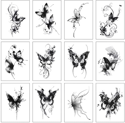 12 tatouages temporaires papillon modèle B, transferts tattoo femme waterproof imperméable longue durée, faux tattoo corporel bras épaules dos festival plage été, Coloration après 24 à 72 heures