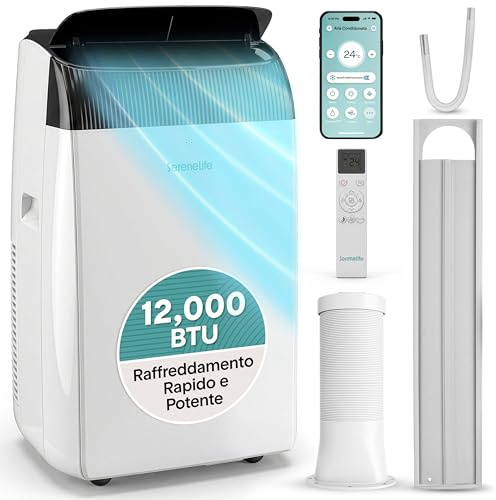 SereneLife Climatiseur Mobile 12000 BTU WiFi pour 40 m² – Climatisation Mobile Silencieuse 3 en 1 avec Évacuation, Déshumidificateur, Ventilateur, Kit Fenêtre et Roulettes