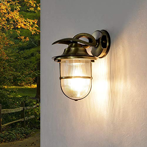Licht-Erlebnisse Outdoor Wandlampe Messing Glas in Messing Antik IP64 Hof Balkon H:24 E27 Riffel Laterne Rustikal Maritime Außenwandleuchte Garten