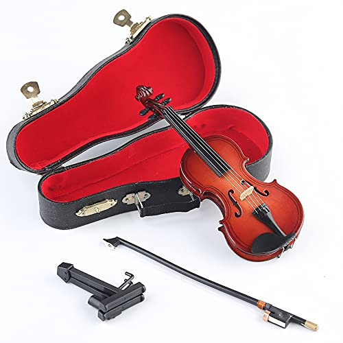 Dselvgvu - Violino in miniatura in legno con supporto, archetto e custodia, mini strumento musicale in miniatura, modello per casa delle bambole, decorazione per la casa (14,3 x 5,2 x 1,9 cm)