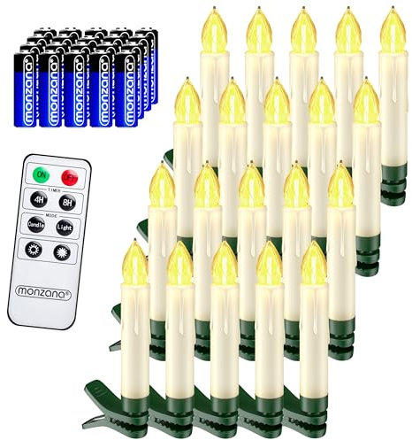 MONZANA® 20x Battery Operated LED Christmas Tree Candle Lights | Realistic Warm White Candles Pack with Batteries Included | Remote Control Wireless Dimmable Timer | Clip On Decorations