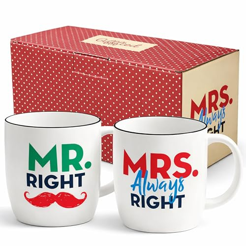 Triple Gifffted Mr Right and Mrs Always Right Coffee Mugs Gifts Set, 380ml | Presents for Couples, Anniversary, Engagement, Christmas Cups, His & Hers, Bride & Groom, Parents, Newlyweds, Mum & Dad Gifts