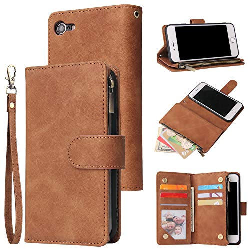UEEBAI Coque pour iPhone 7/iPhone 8/iPhone SE 2020, Etui en Cuir PU Portefeuille Rétro Antichoc Flip Case Housse avec Fentes de Cartes Fonction Support, Fermeture Magnétique - Brun