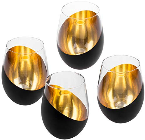 MyGift Lot de 4 verres à vin sans pied noirs et dorés – Élégant coffret cadeau de Noël avec finition métallique de luxe, 532 ml
