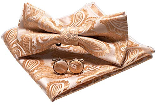 JEMYGINS Noeud Papillon Homme Or foncé en Soie Paisley Réglable et Boutons de Manchette et Carré de poche Ensemble Compris boîte