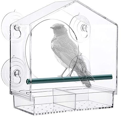Strong Suction Window Bird Feeder House, Large Capacity Window Bird Feeder with Removable Seed Tray and Drainage Holes for Bird Feeding Dunnock Blue Tit Robin Small Wild Birds, 21cmX20cmX10cm
