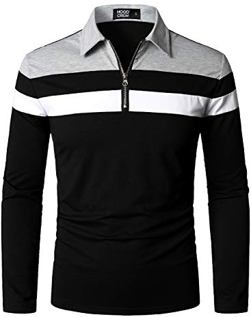 HOOD CREW Mens Casual Long Sleeve Polo Shirts Contrast Color Patchwork Cotton Tee Tops