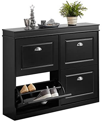 SoBuy Meuble Chaussure Rangement Chaussure avec 4 Abattants, Armoire à Chaussures Entrée, Meuble à Chaussures, Range Chaussures 16 Paires, pour Couloir, Entrée, 105x24x83 cm, Noir, FSR79-SCH