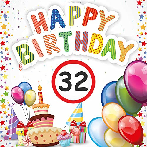 Indigos UG - Banner Geburtstag - Geburtstagsplane - Geburtstagsbanner Alter - 32 Jahre - 100x100 cm - Happy Birthday - mit Alter personalisiert - Kinder & Erwachsene - innen & außen