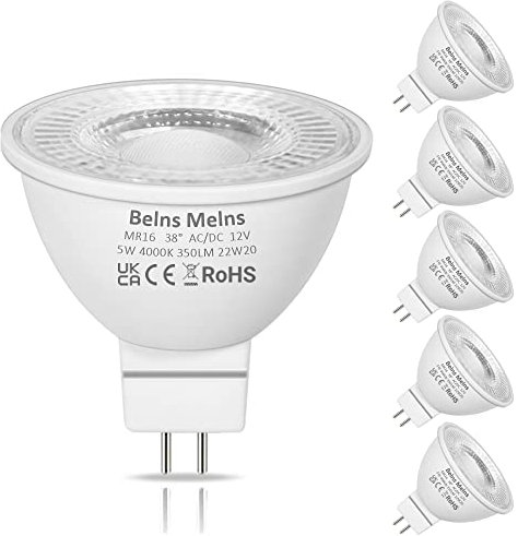 Belns Melns MR16 GU5.3 Dimmbar LED Spot, 5W (ersetzt 50W Halogen), 12V AC/DC LED Leuchtmittel Stiftsockel, 350LM 4000K Neutralweiß 38° Abstrahlwinkel - 6 Stück
