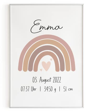 Rosa Regenbogen Geburtsposter Personalisiert Name Uhrzeit Größe Gewicht | Kinderzimmer Babygeschenk | Geschenk Geburt Baby Poster für Eltern, Mama Papa