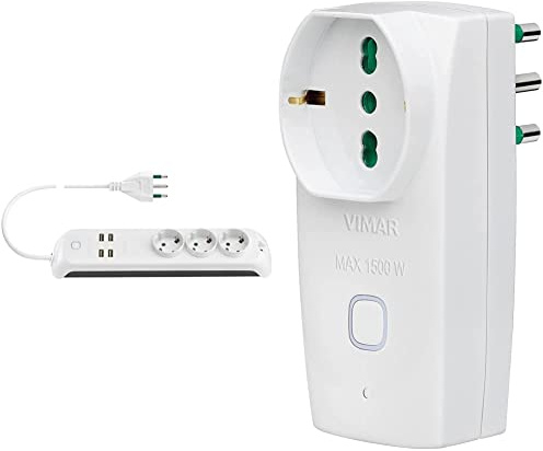 Vimar 00447.CC.B Multipresa smart Wifi, compatibile con Alexa e Google home, 3 uscite Schuko, 4 USB A, spina 16A, controllo vocale o remoto con App View & 00335.B Presa smart WiFi, adattatore multiplo