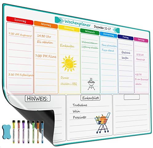 KTRIO A3 Magnetischer Wochenplaner für Haushaltsplan, Einkaufsliste, Essens- und Fitnessplanung. Nass & trocken abwischbares Whiteboard mit 7 Markern und Schwamm zum Aufhängen