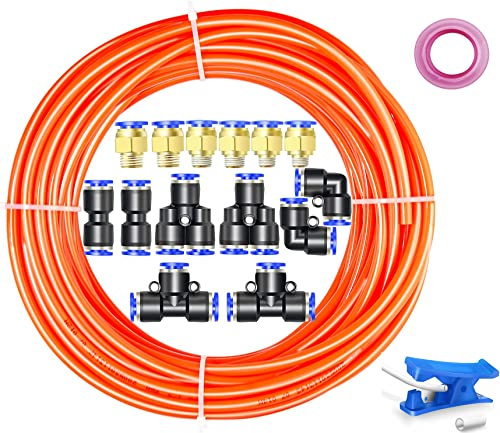 Stubotar Orange 100M Tuyau d'arrosage en Polyuréthane 10mm OD X 6,5MM ID PU Air Tubing avec 14 Kits de Connecteurs et Cutter Flexible et Résistant aux Intempéries