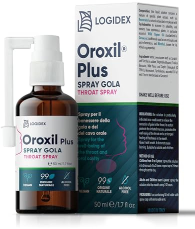 Oroxil Plus Spray Gola – Antibatterico Naturale con Resveratrolo e Olio di Timo Selvatico – Spray Gola Antinfiammatorio Forte senza Alcool per Mal di Gola e Alito Fresco – 50 ml - Logidex
