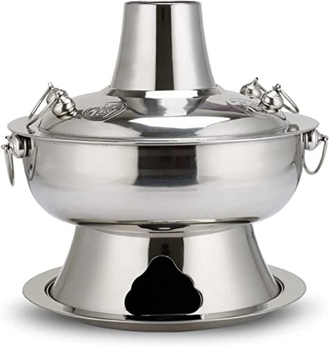 Vintage Kupfer Hot Pot Holzkohle Hot Pot Pfanne Edelstahl Chinesischer Herd Traditioneller Suppentopf Kochgeschirr mit Kamin für Home Party Restaurant,Silber,32cm