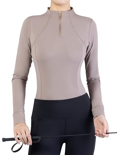 Harrison Howard Women’s Horse Riding Shirt – Long Sleeve Equestrian Shirts with 1/4 Zip, Stretchy Thermal & Breathable Fabric, Comfortable Top for Training, Show & Daily Wear Camel Small