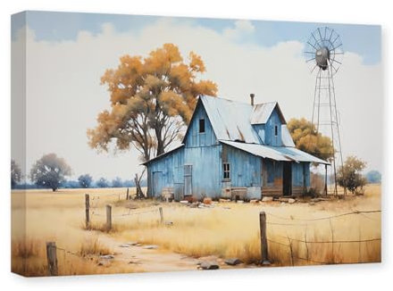 CXHOSTENT Blaue Scheune Leinwand-Wandkunst Alter Bauernhof und Windmühle Bilder Vintage-Bauernhaus-Gemälde Druck Küche Dekor Rahmen (Scheune - 2, 30.00 x 45.00 cms)