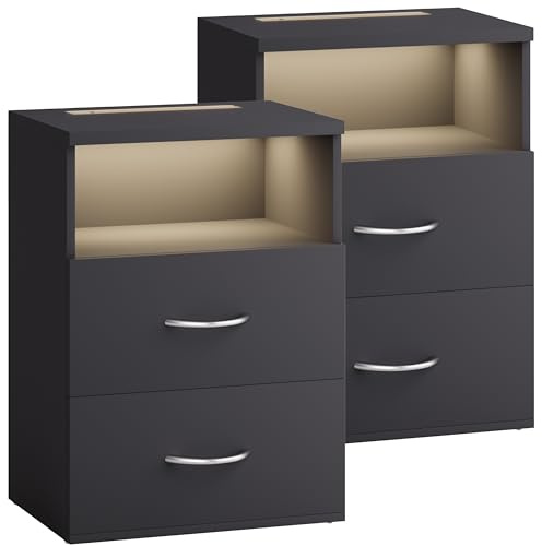 CASARIA® 2x Jamie Bedside Table with Touch LED Lighting | Dimmable Light | MDF 2 Drawers | Suitable for Box Spring Bed | Bedroom Living Room Side Cabinet | 40x28x55cm | Anthracite