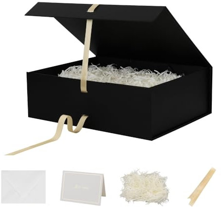 Skivra Große schwarze Geschenkbox mit Band, 41,9 x 33 x 13 cm, extragroße, faltbare Luxus-Geschenkbox für Hochzeitskleid, geschreddertes Papierfüller und Karten