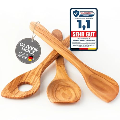 TOPANBIETER 999 Oliven Kochlöffelset mit Kochlöffel, Sevierlöffel und Spitzlöffel 30 cm hochwertigt und nachhaltig Holzlöffel antibakteriell (Kochlöffel Set 3tlg.)