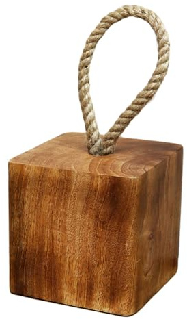 Mango Wood Block Doorstop Rope Handle Natural Brown Heavy Duty Square Stopper