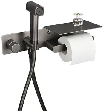 SWHC Bidet Handbrause Set, Wandhalterung Bidet Sprayer mit Toilettenpapierhalter Grau Bidet Handbrause für Toilette Premium Messing Bidet Brause für WC, Badezimmer Hygiene&Windelreinigung