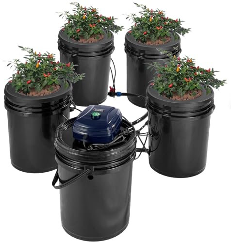 VEVOR RDWC Sistema di Coltivazione Idroponica, Kit Top Drip, Coltura a Ricircolo in Acque Profonde da 20 Litri, 4 Secchi, con Pompa ad Aria, Dispositivo di Livello dell'Acqua, per Verdure a Foglia