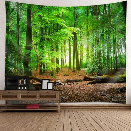 Lieson Wandteppich Wald 200x200CM, Wandbehang Wald Natur Grün Braun Tapestry Landschaft Dschungel Wandteppiche Tapisserie für Wohnzimmer Schlafzimmer Wohnheim Wanddeko