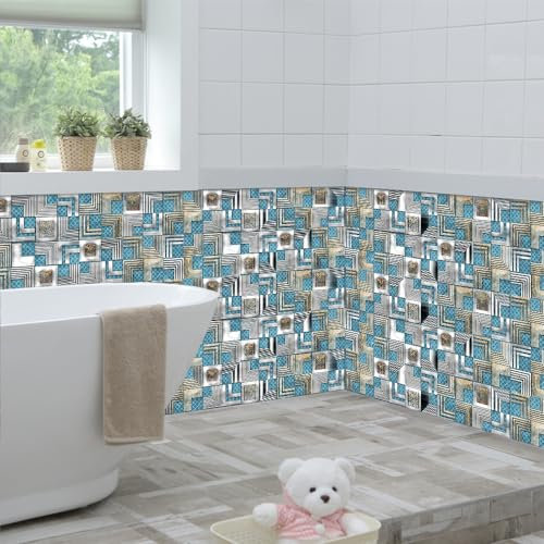 Fliesenaufkleber Blau Silber Klebefliesen Küche 3d Wandpaneele Selbstklebend PVC Fliesenaufkleber Bad Wasserdicht Selbstklebende Fliesen Leicht Zu Schrubben Fliesensticker10 PC(10x10cm)