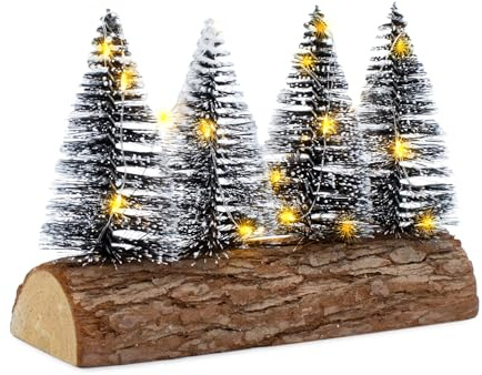 LED Tannenbäume mit Baumstammfuß warm weiß - 20 x 15 cm - Verschneite Bäume mit Beleuchtung Batterie betrieben - Weihnachten Advent Winter Deko Aufsteller Tischdekoration Fensterdekoration beleuchtet