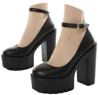 Minetom Damen Plattform Mary Jane Sandalen Gothic High Heels Retro Pumps Damenschuhe Runde Zehen Chunky Lackleder Schuhe A Schwarz 38 EU