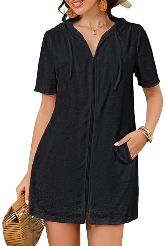 Bsubseach Women Zipper Hooded Terry Cloth Beach Robes Shirt Black M