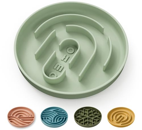 OHMO Slow Feeder Dog Bowl, Cat&Puppy, Circular Pattern, 15cm, Sage Green | Silicone Food Dish, Anti-Gulp Maze, Slower Eating Pace, Compact Feeding Setup, Easy-Clean Surface