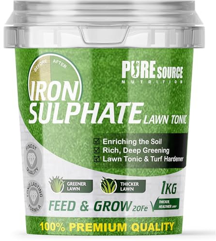 PSN 1KG PREMIUM Iron Sulphate (Makes up to 500L When Diluted & Covers up to 500m2) Pure Lawn Tonic Ferrous Sulphate of Iron Lawn Conditioner and Turf Hardener Dry Powder easily soluble in water