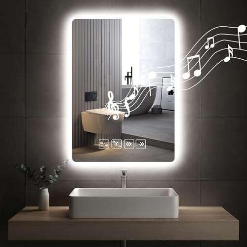 Sararoom Badspiegel mit Beleuchtung und Bluetooth, 70×50cm LED Spiegel mit beleuchtung, Badezimmer Wandspiegel, Badezimmerspiegel mit Licht, 3 Lichtfarben, Dimmbar, Memory-Funktion, Beschlagfrei, IP44