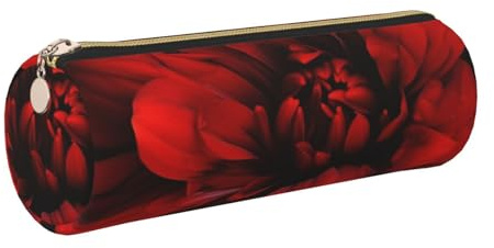 Trousse à crayons en cuir avec fermeture éclair – Porte-stylo esthétique avec fleur de dahlia rouge sur fond noir pour homme et femme – Trousse à crayons multifonction pour le travail, le bureau, doré