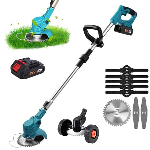 Coupe Bordure sans Fil avec Batterie,Debroussailleuse Electrique sans Fil,Tondeuse à Gazon Pliable avec 2 Batteries et Lames 5，pour Jardins, pelouses et Terres agricoles (Une Batterie)