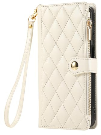 Sawiqpd Wallet Phone Case for Samsung Galaxy Z Fold 7 5G, White | Faux Leather Shockproof TPU, Kickstand, Card Slots, Magnetic Closure, Strap, RFID Protection, Zip Pocket, Flip Bumper Cover