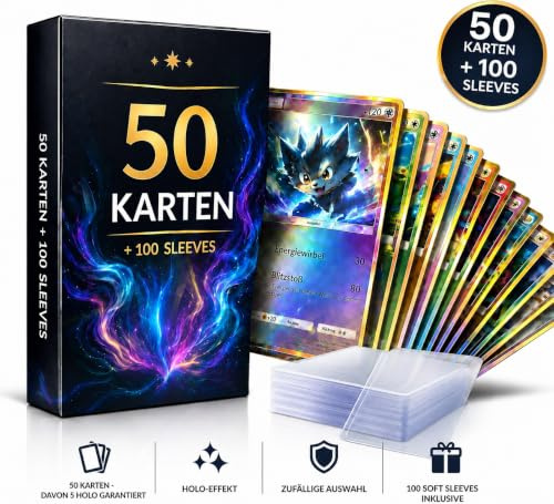 50 Original Pokémon Karten Deutsch – garantiert 5 Holo + 100 Ultra Pro Soft Sleeves – Karten Set für Sammler & Kinder